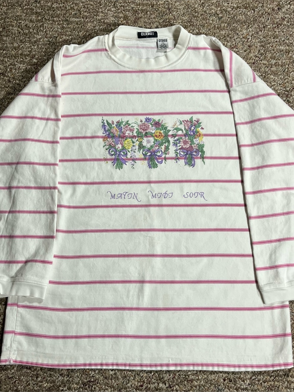 Vintage White & Pink Striped Long-Sleeve Tee with Floral Chest Graphic